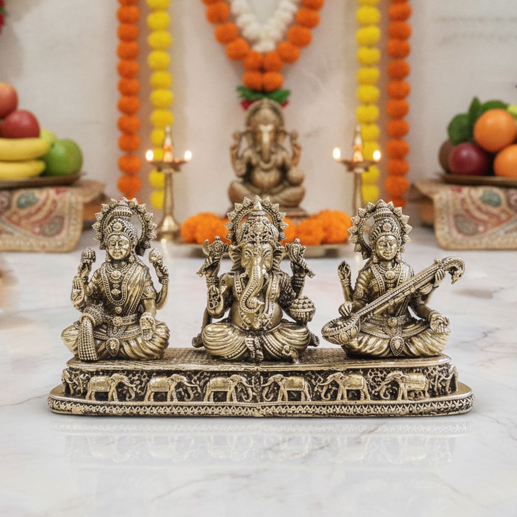 Brass Laxmi Ganesh Saraswati, Height : 4 Inch (BSMAS1772 E) - Pooja Needs | Buy online on ZillyBuy