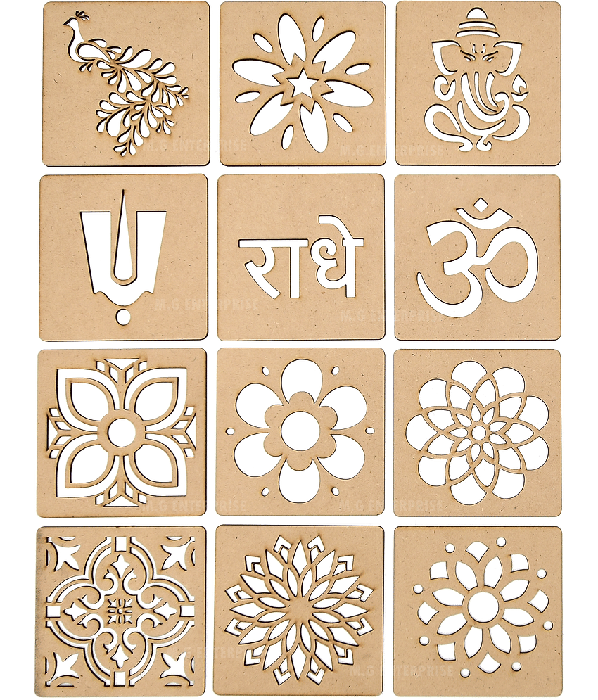 M.G ENTERPRISE DIY MDF Rangoli Stencils For Floor and Wall PLS-A-12 Set of 12 pc (4 in x 4 in)
