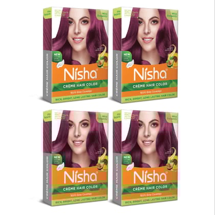 Nisha Creme Hair Color Wine Burgundy 40g Pack of 4, Permanent Hair Color for Women Men, 100% Grey Coverage