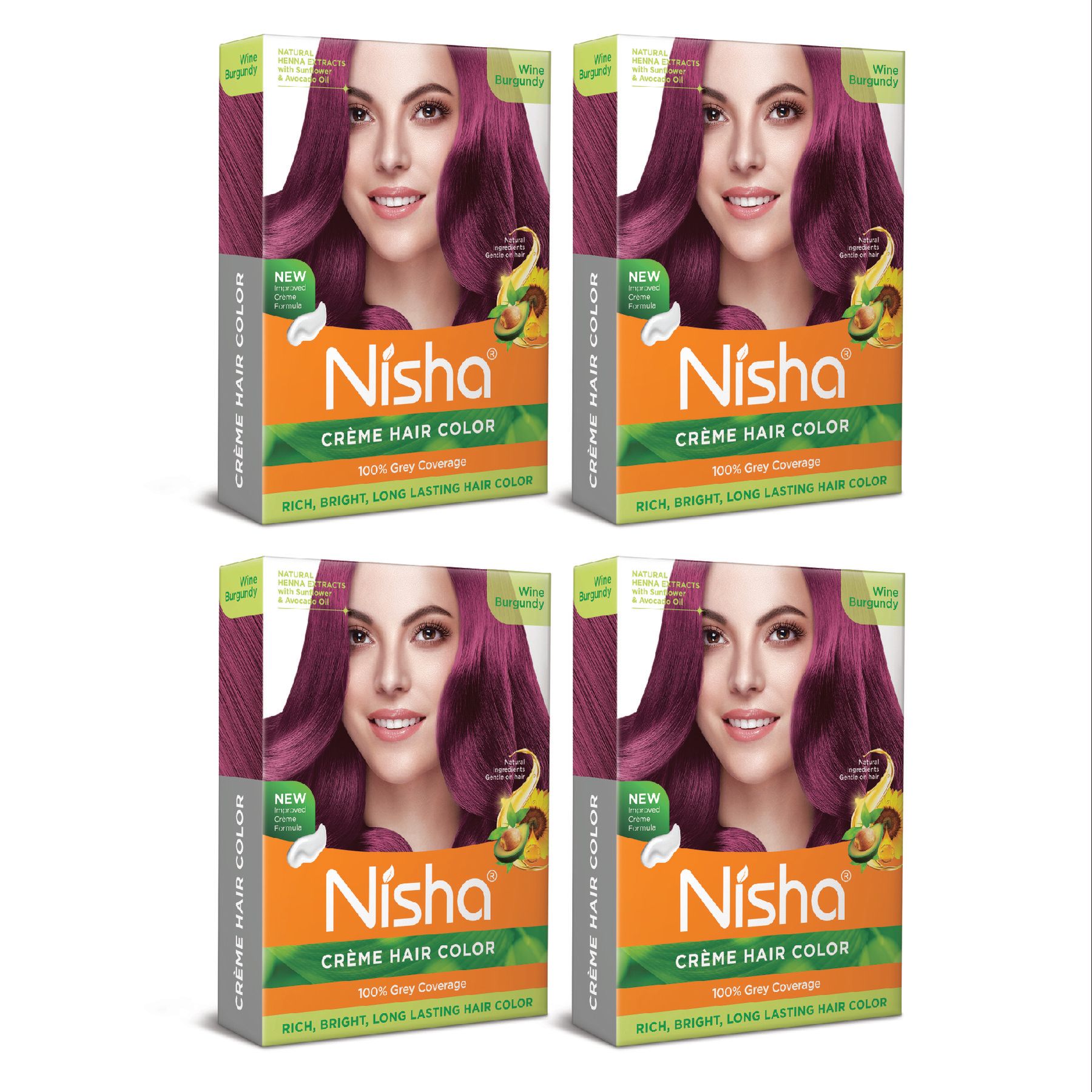 Nisha Creme Hair Color Wine Burgundy 40g Pack of 4, Permanent Hair Color for Women Men, 100% Grey Coverage