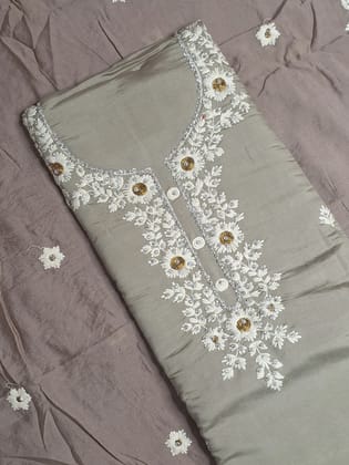 Coffee Colour Thread Work Unstitched Suit Fabric with Dupatta-Free Size / Light coffee