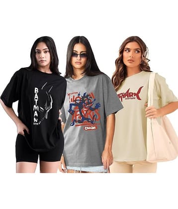 Leotude Women Cotton Blend Printed Oversized Fit Round Neck T-Shirt ( Multicolor )