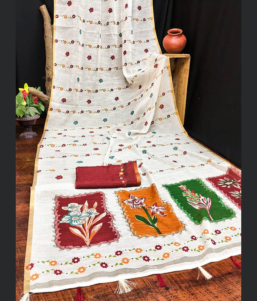 Kashvi Sarees Cotton Printed Kasavu Saree With Unstitched Blouse Piece ( Multicolor )