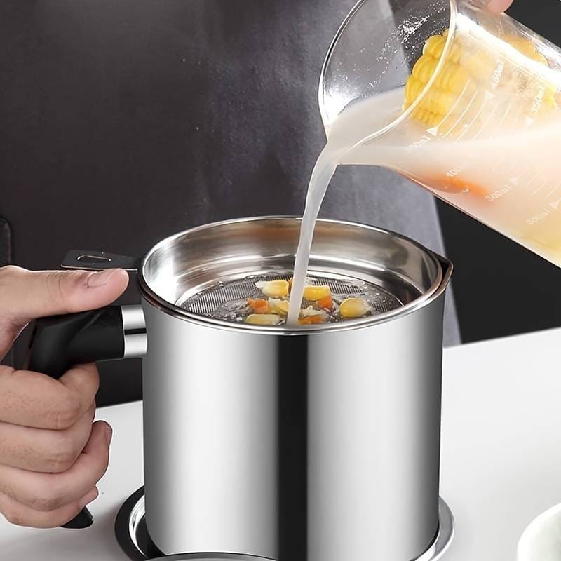 Stainless Steel Oil Strainer Pot Oil Container with Removable Filter Bacon Grease Storage Can Vinegar Dispenser Tea Pot Kettle for Home Kitchen Cooking