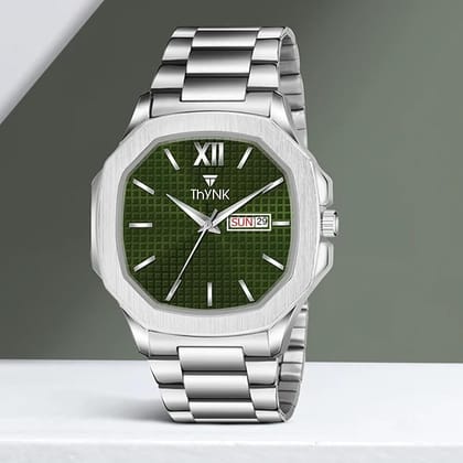 Thynk Analog Light Green Dial Day & Date Watch for Men}Silver Stainless Steel Strap with Octagon Case