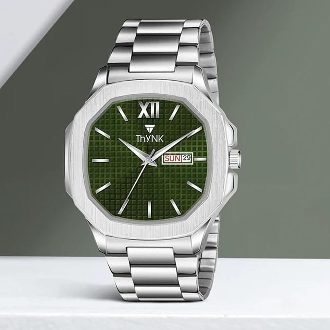 Thynk Analog Light Green Dial Day & Date Watch for Men}Silver Stainless Steel Strap with Octagon Case