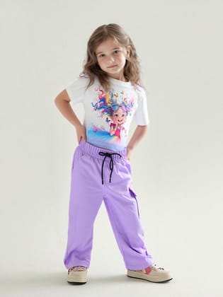 Girl's Lavender Cartoon Printed Co-Ord Set  [GCS-7614] (4-12 Years)-5-6Y (Size - 26) / Ribbed / Lavender