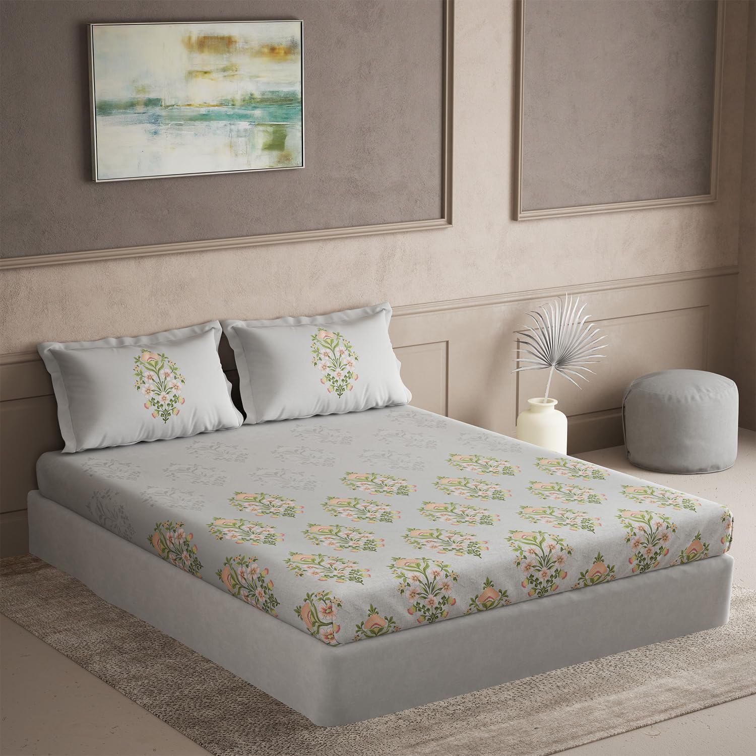 DDECOR - Galaxy Collection 100% Cotton Ethnic Pattern 145TC Super King Bedsheet |305 CM X 305 CM| Grey