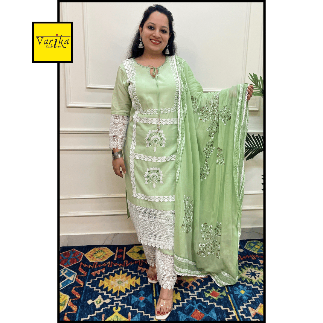 Mul Cotton Hand Embroidered 3 Piece Suit with Mul Dupatta Green Colour-Medium