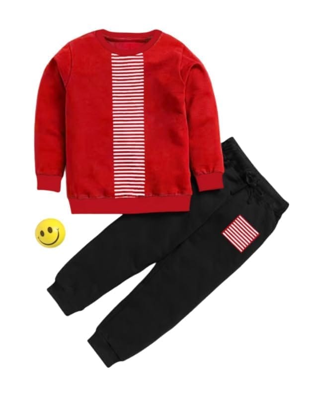 Boy's Casual Full Sleeve Printed Cotton T Shirt With Pant (Red, 9-10-Yrs)-PID49326