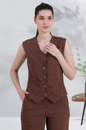 V Neck Tailored Waistcoat, Brown-XS