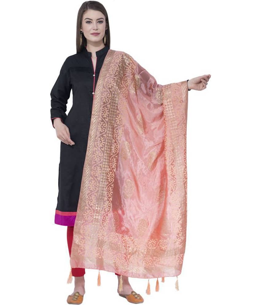 A R Silk Peach Silk Block printed Dupatta
