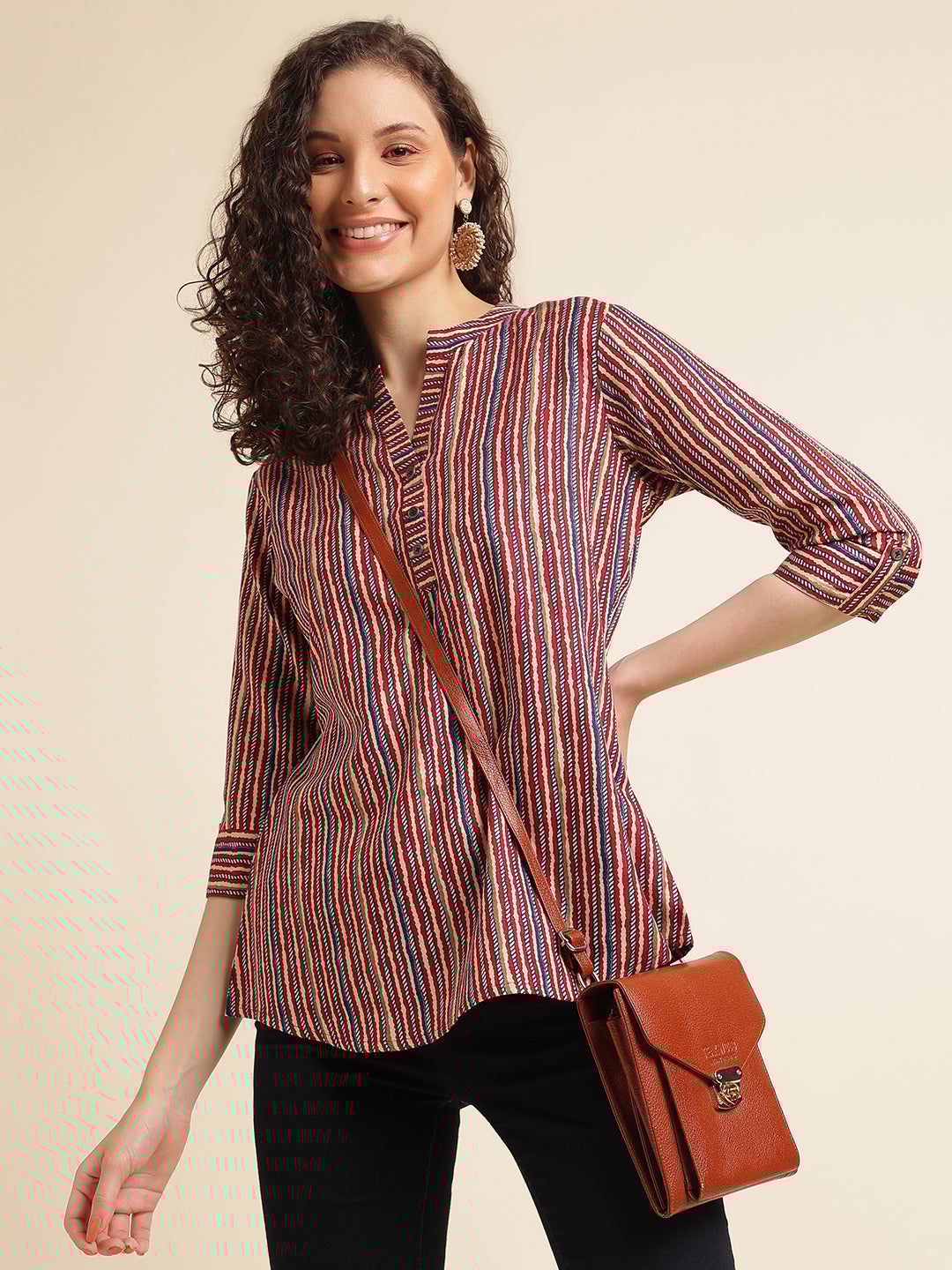 Multicolor Printed Straight Cotton Blend Top-XS