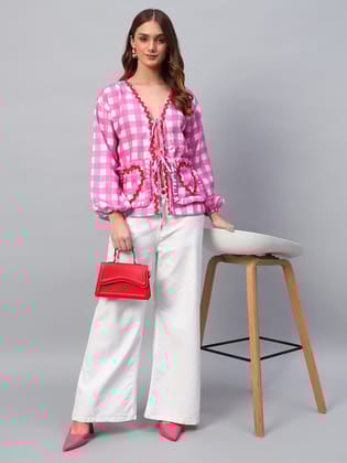 Pink Linen Ruffle Placket Blouse-S