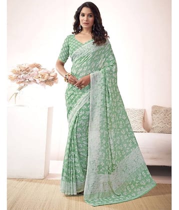 Samah Georgette Printed Saree With Unstitched Blouse Piece ( Green )