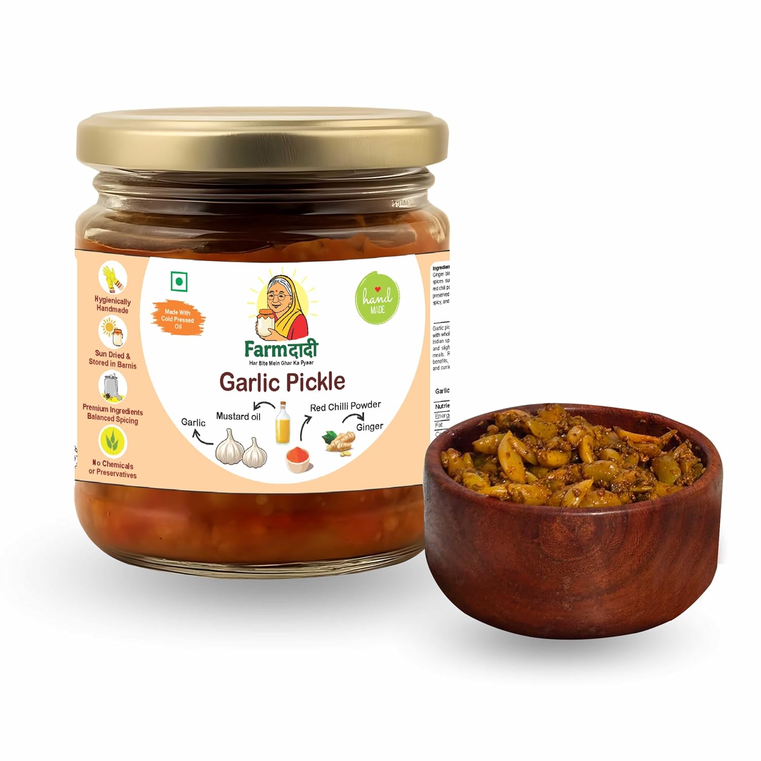 Farm Dadi Garlic Pickle 350g | Traditional Homemade Lehsun Ka Achaar | Spicy Peeled Garlic Pickles | Organic Methods Used | Made With Cold Pressed Oil Pickle | No Chemical Presevatives