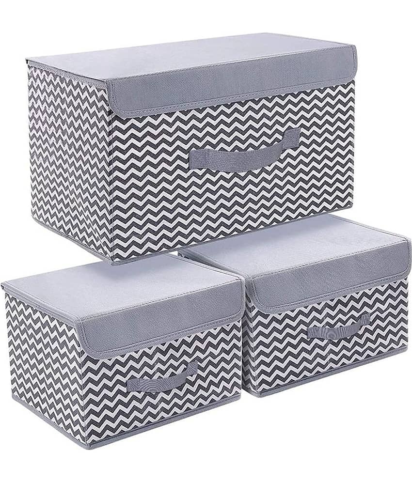 House of Quirk 3 Pack Foldable Storage Bin with Lid and Handle, Versatile Storage Baskets Boxes for Toys, Clothes, Papers, Books, Makeups - Grey Wave