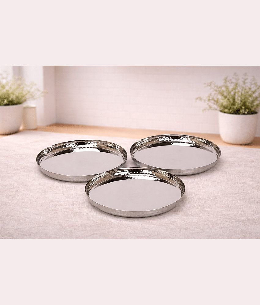 ATROCK Embossed Stainless Steel Dinner Set ( Pack of 3 ) Silver