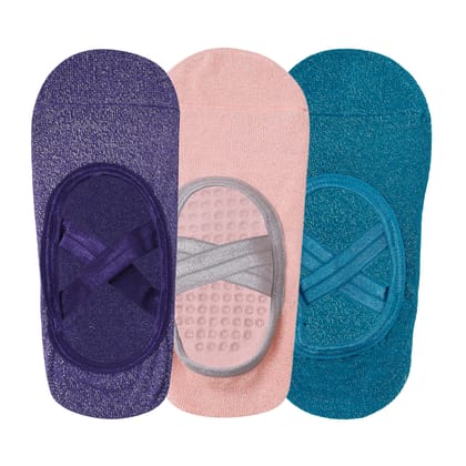 Pilates Set of 3 Socks For Women Anti Skid Grip - Purple, Pink & Blue
