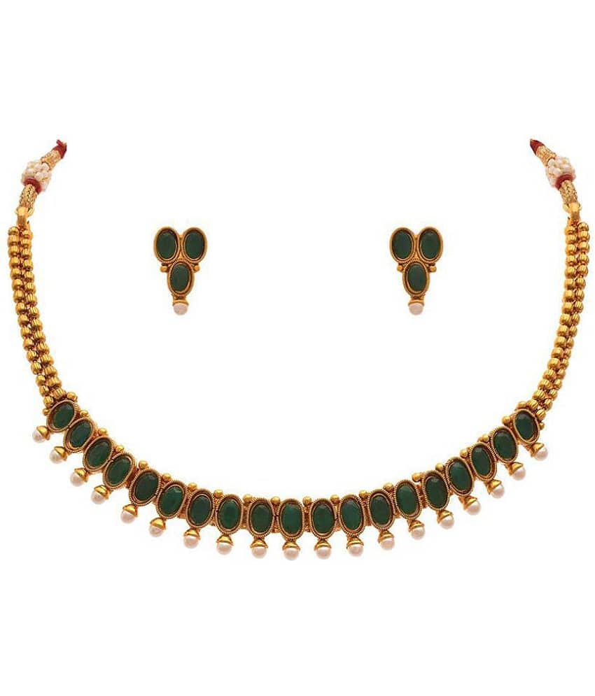 JFL - Jewellery For Less Copper Green Choker Traditional 22kt Gold Plated Necklaces Set