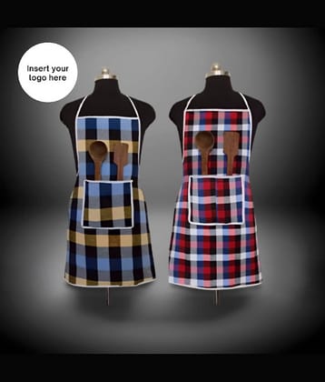 Sanraksshan Cotton Checks Kitchen Apron with 1 Center Pocket ( Pack of 2 )
