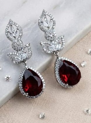 Generic Women's Brass Silver Plated Drop Earrings (Red)-PID66267