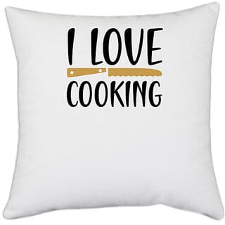 UDNAG White Polyester 'Cooking | I love cooking' Pillow Cover [16 Inch X 16 Inch]