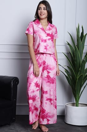 Pink Color Tie and Dye Printed Rayon Nightsuit For Women-s
