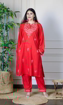 Red Aari Embroidered Cotton Co-ord Set-S