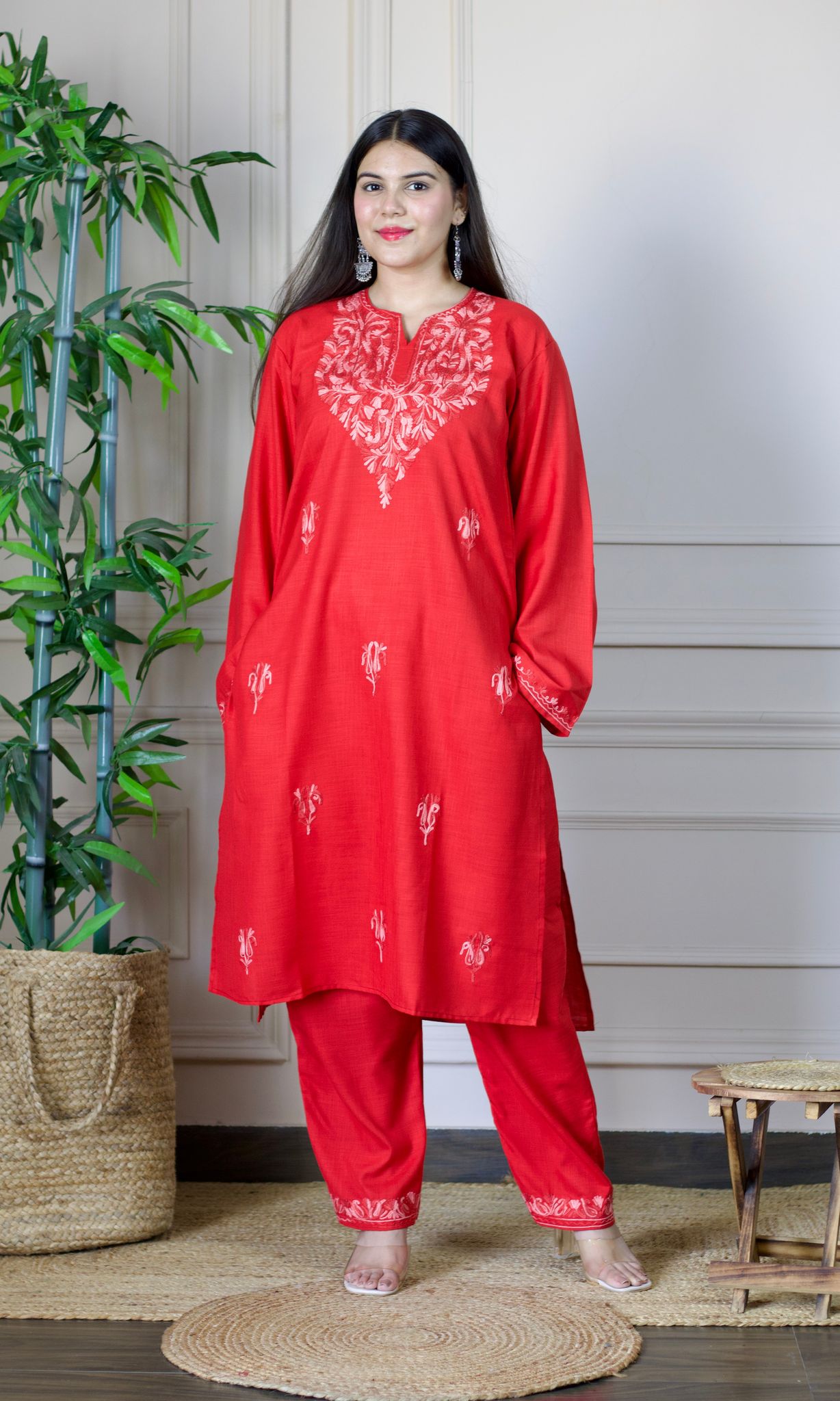 Red Aari Embroidered Cotton Co-ord Set-S