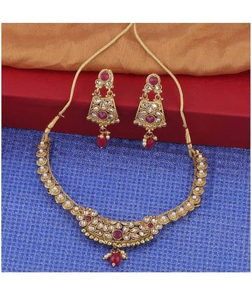 Silver Shine Exclusive Traditional Gold Plated Red Kundan stone studded Bead Drop Designer Bridal Wedding Necklace Jewellery Set for Girls And women