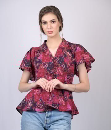 Red Floral Printed flow Sleeves Blouson Top (OTL-TPS1027)-Red / XS
