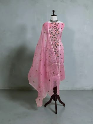 Handwoven Kota Doria Dress Material in Onion Pink with Hand Embroidery