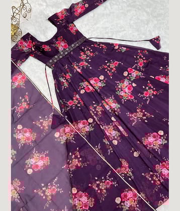 Femvy Purple Anarkali Cotton Blend Women's Stitched Ethnic Gown ( Pack of 1 )