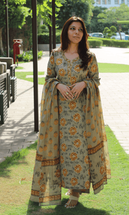 Cotton Greige & Yellow Floral Print Suit with Printed Dupatta-XXS