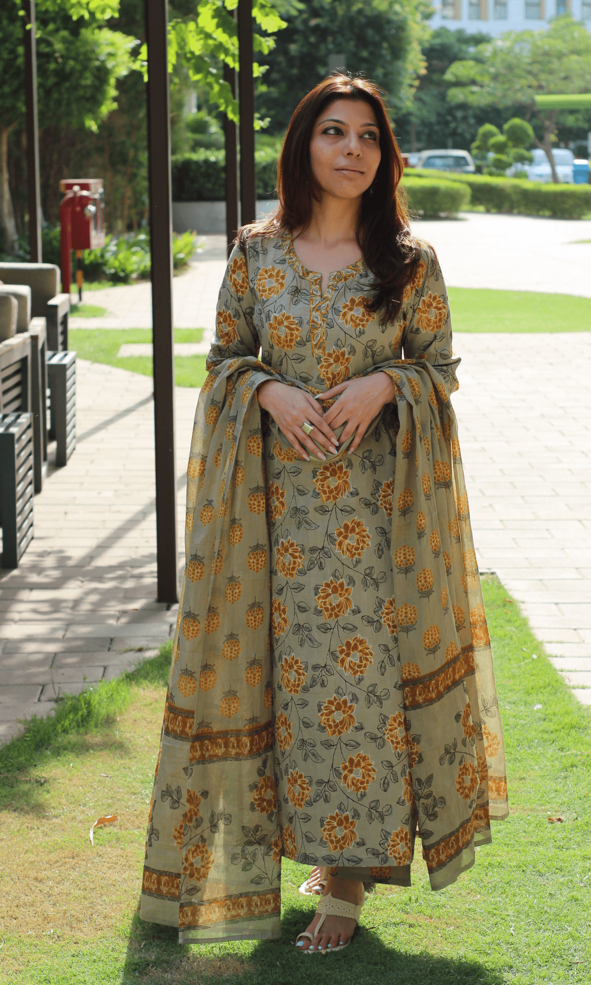 Cotton Greige & Yellow Floral Print Suit with Printed Dupatta-XXS