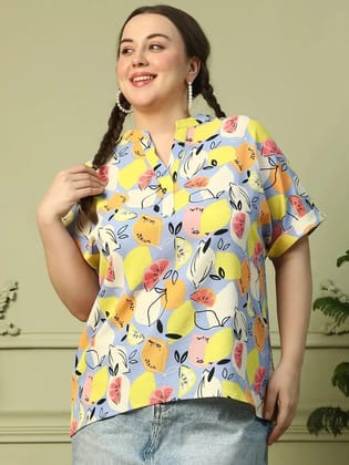 Multicolor Fruit Print  Short Sleeve Plus Size Women Top-2XL