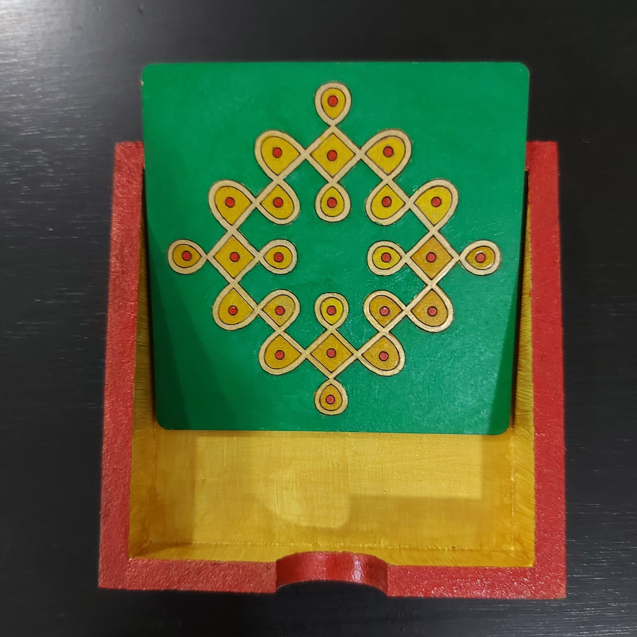 Kalakrishta Handpainted Golden Kollam Coaster Set of 6 with Holder