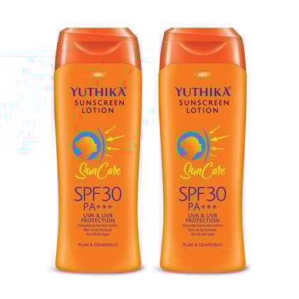 Yuthika Sunscreen Lotion SPF 30 PA+++ with UVA & UVB Protection, Sun Cream for All Skin Types - 100ml Pack of 2