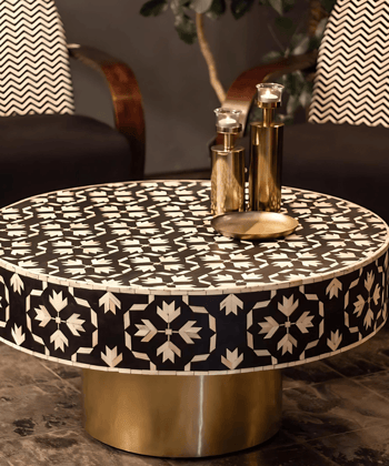 Niktan Export Black Bone Inlay Round Coffee Table – Handcrafted with Brass Legs | Luxury Home Decor