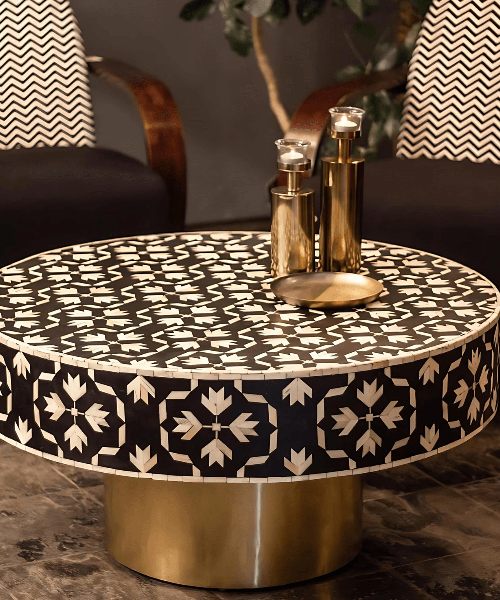 Niktan Export Black Bone Inlay Round Coffee Table – Handcrafted with Brass Legs | Luxury Home Decor