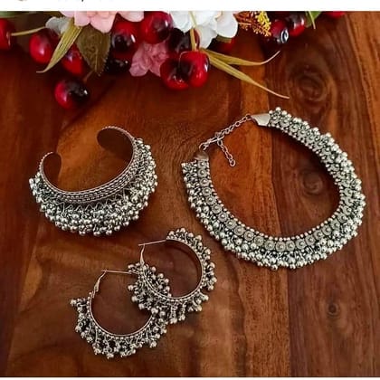 Oxidised Silver Necklace Bangle and Hoop Earrings Combo Set for Women Oxidised Silver Necklace Bangle and Hoop Earrings Combo Set for Women