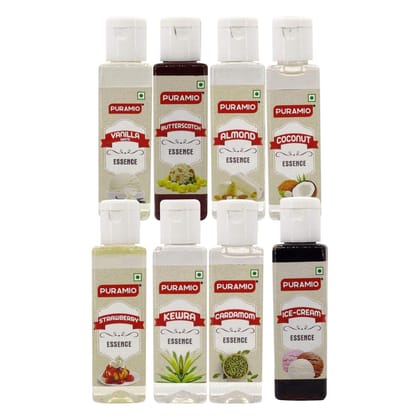 Puramio Liquid Food Essence, (Vanilla White, Cardamom, Butterscotch, Kewra, Strawberry, Almond, Coconut, Ice Cream), 30 ml Each - Pack of 8 Puramio Liquid Food Essence, (Vanilla White, Cardamom, Butterscotch, Kewra, Strawberry, Almond, Coconut, Ice Cream), 30 ml Each - Pack of 8