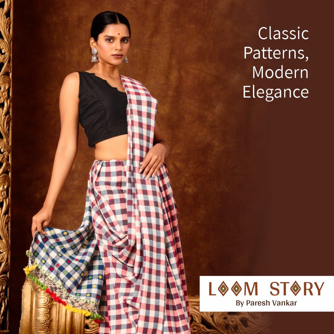 Classic Patterns, Modern Elegance Organic Handwoven Kala Cotton Saree (Blouse piece included)