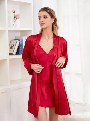 Night Robe With Belt & Sleep dress-Robe With Sleep dress / Red / S