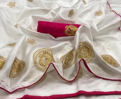 Off White and Pink color Sana Silk Embroidered Sari MS-3 PINK