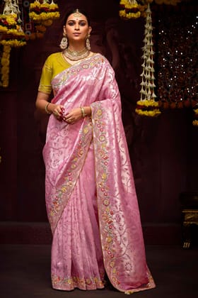 Pink Embroidered Banarasi Silk Saree