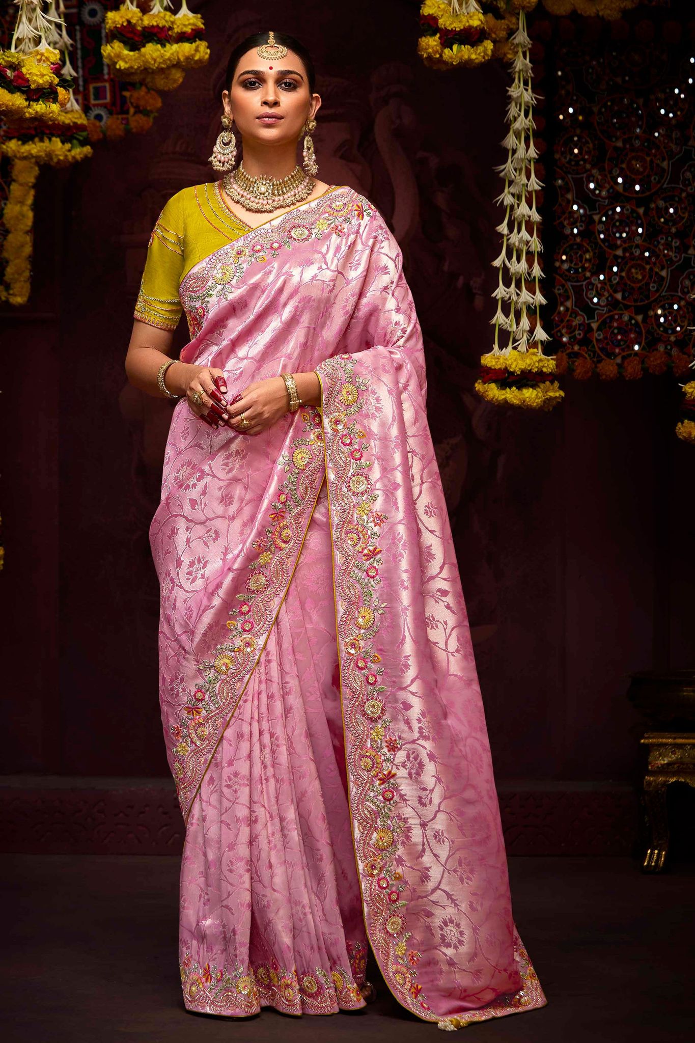 Pink Embroidered Banarasi Silk Saree