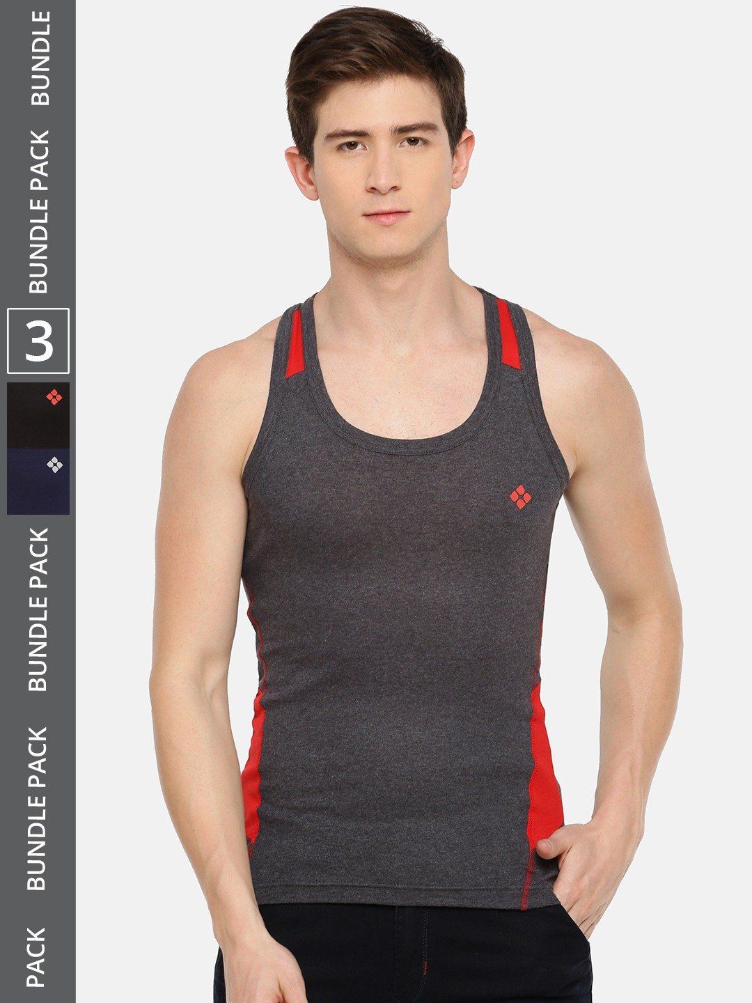 Men's Assorted Pack of 3 Solid Combed Cotton Racerback Styled Gym Vest