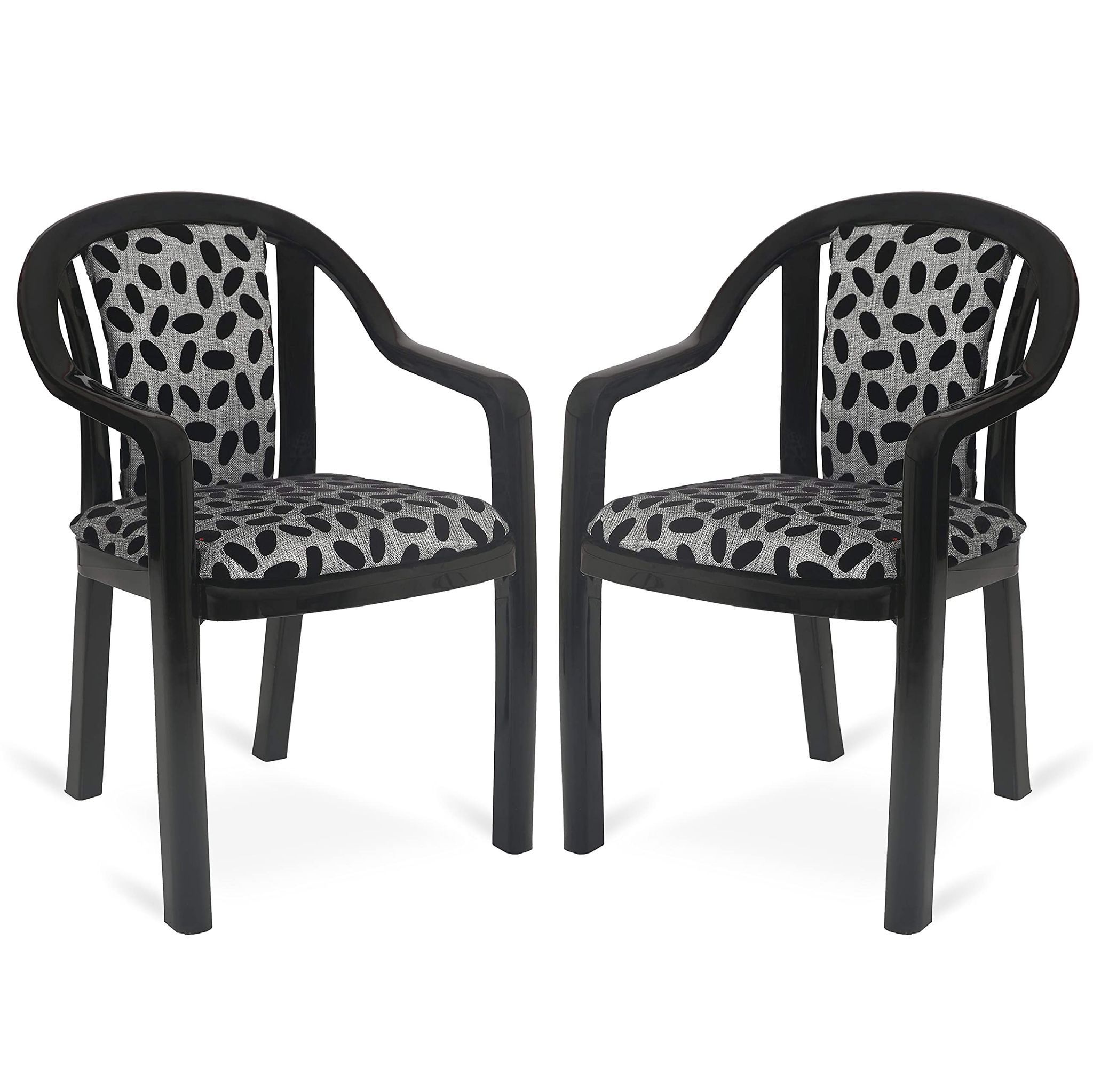 Supreme Furniture Ornate Plastic Cushion Chair with-Arm Suitable for Home, Garden, Office, Living Room, Cafeteria, Restaurant, Hotel, Resort and Indoor(Set of 2, Black-Black Egg)